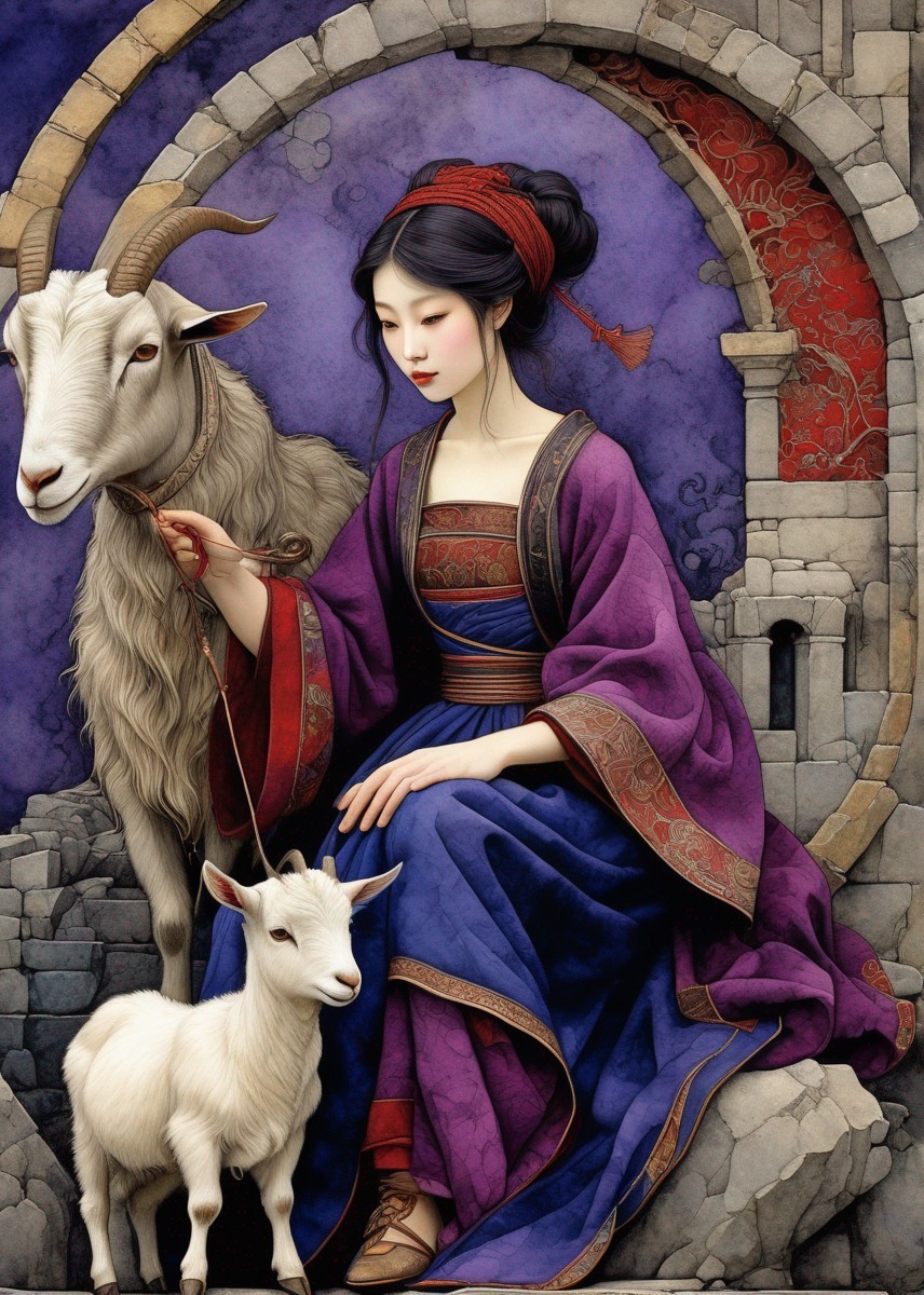 Serene Woman in Traditional Attire with Two Goats