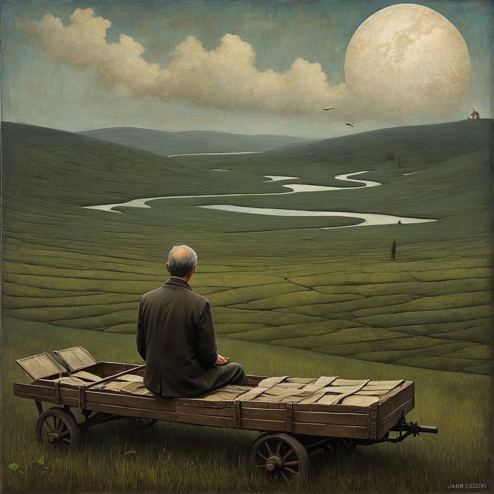 Elderly Man on Cart Overlooking Serene Landscape
