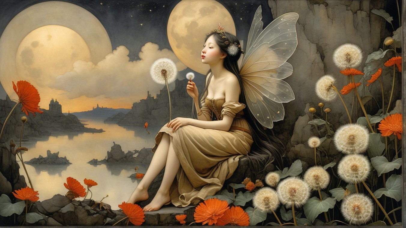 Fairy on Rocky Shore with Moons and Flowers