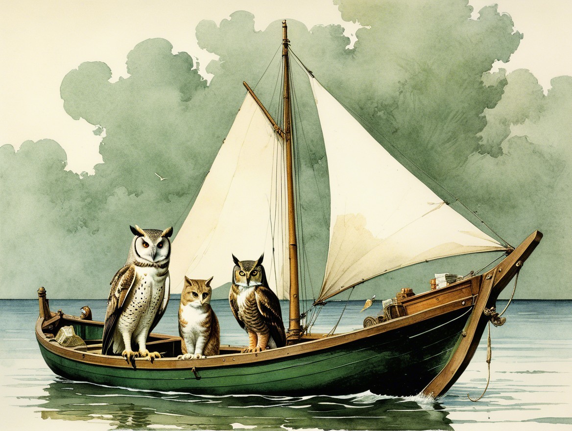 Three Owls on a Vintage Boat in a Serene Setting