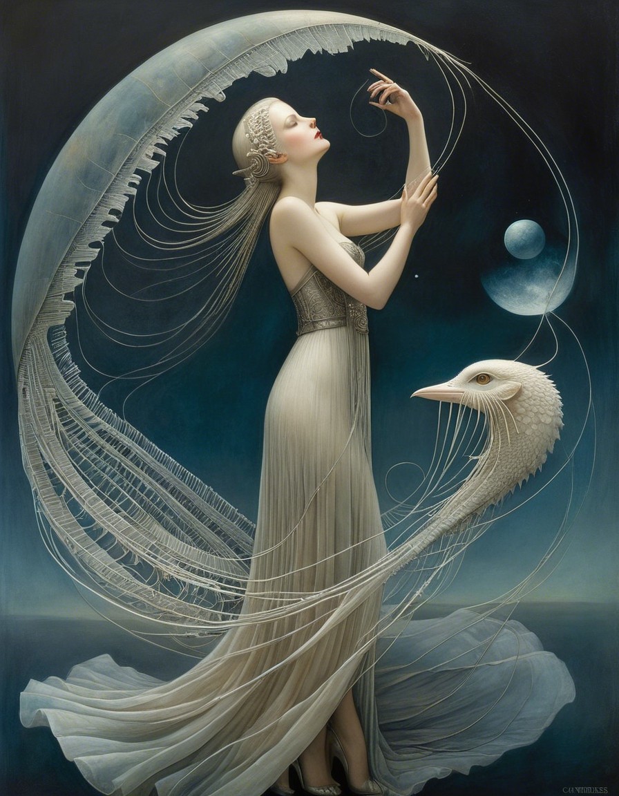 Surreal Scene of Woman in White Gown and Cosmic Landscape