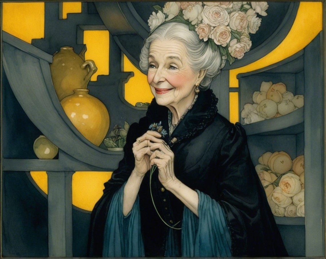 Elderly Woman in Elegant Dress Surrounded by Flowers