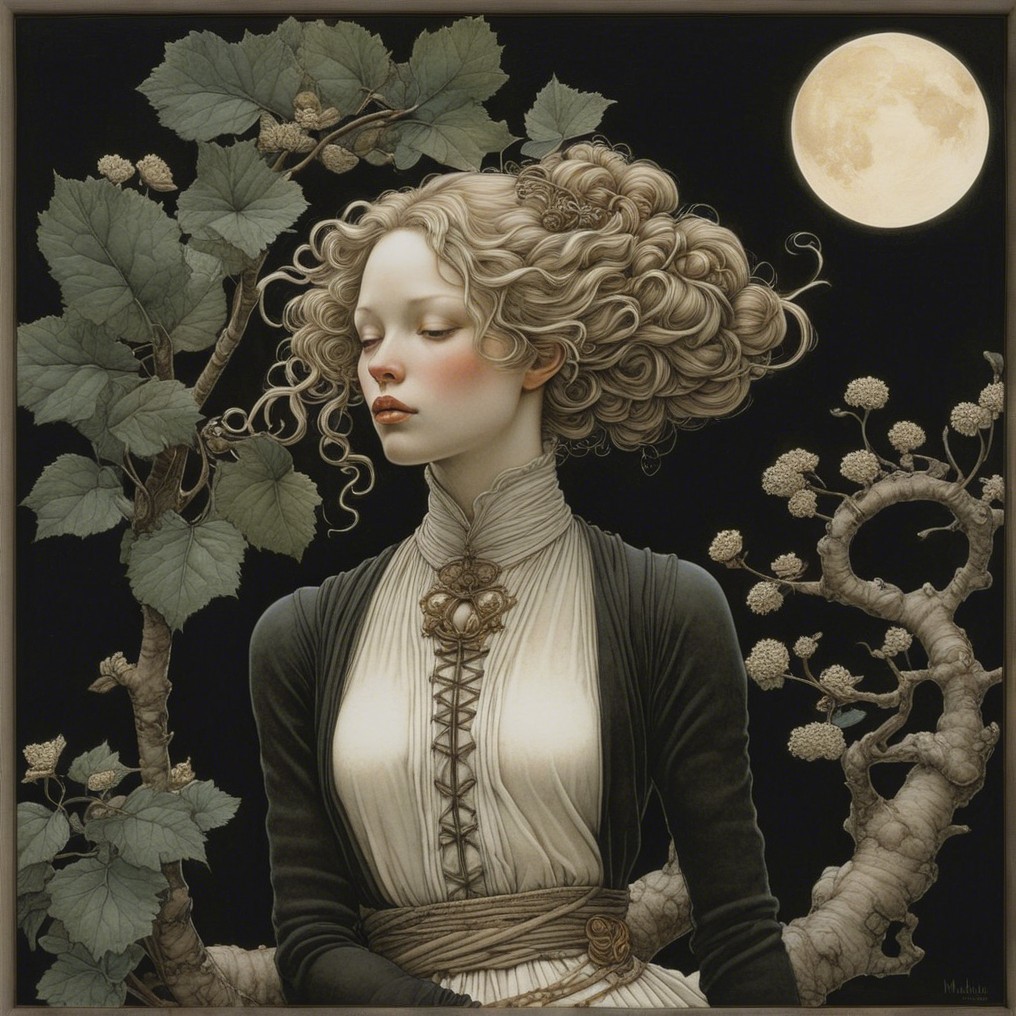 Serene Young Woman Surrounded by Nature and Moonlight