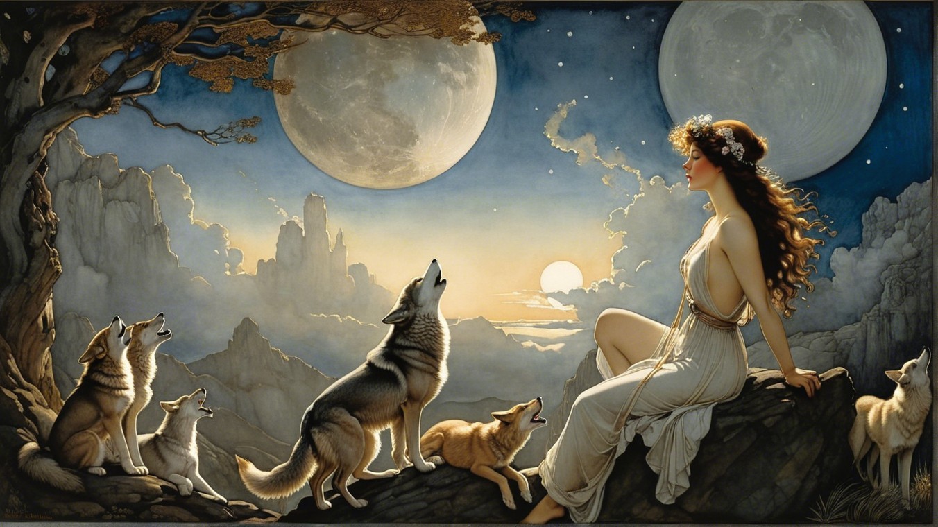 Woman in White Dress with Wolves at Twilight