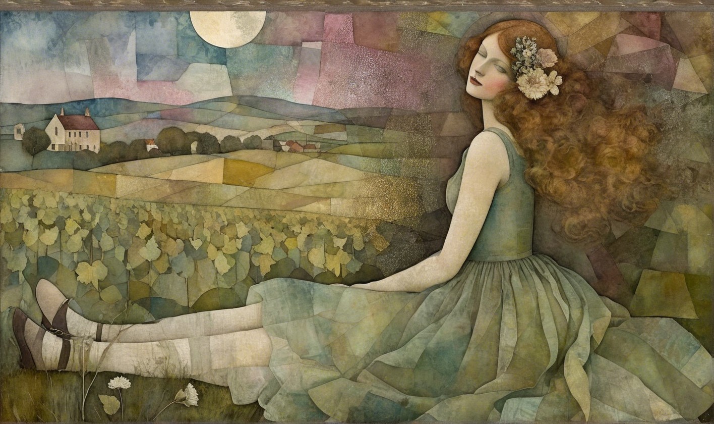 Cubist Watercolor of Woman in Green Dress and Landscape