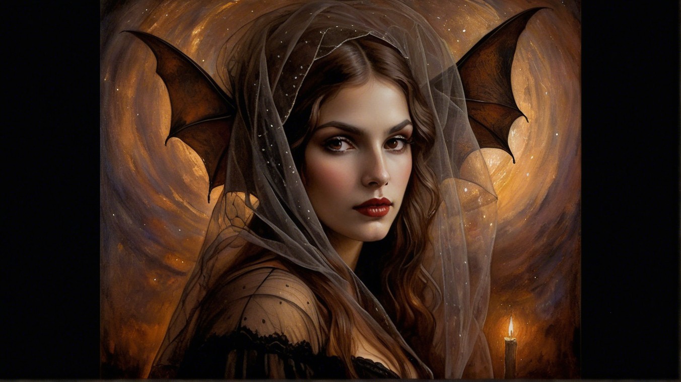 Woman with Bat-Like Wings and Ethereal Backdrop
