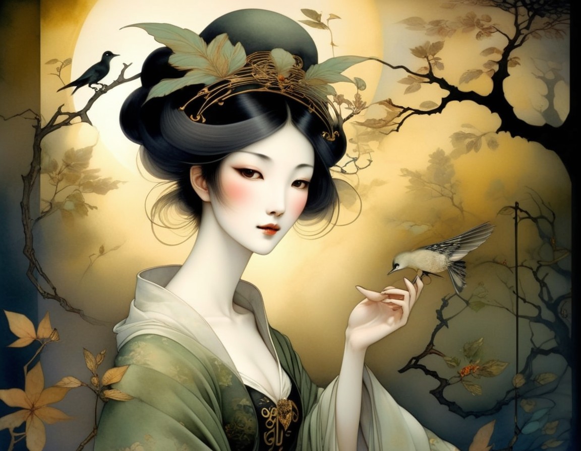 Serene Illustration of Woman in Eastern Attire with Birds