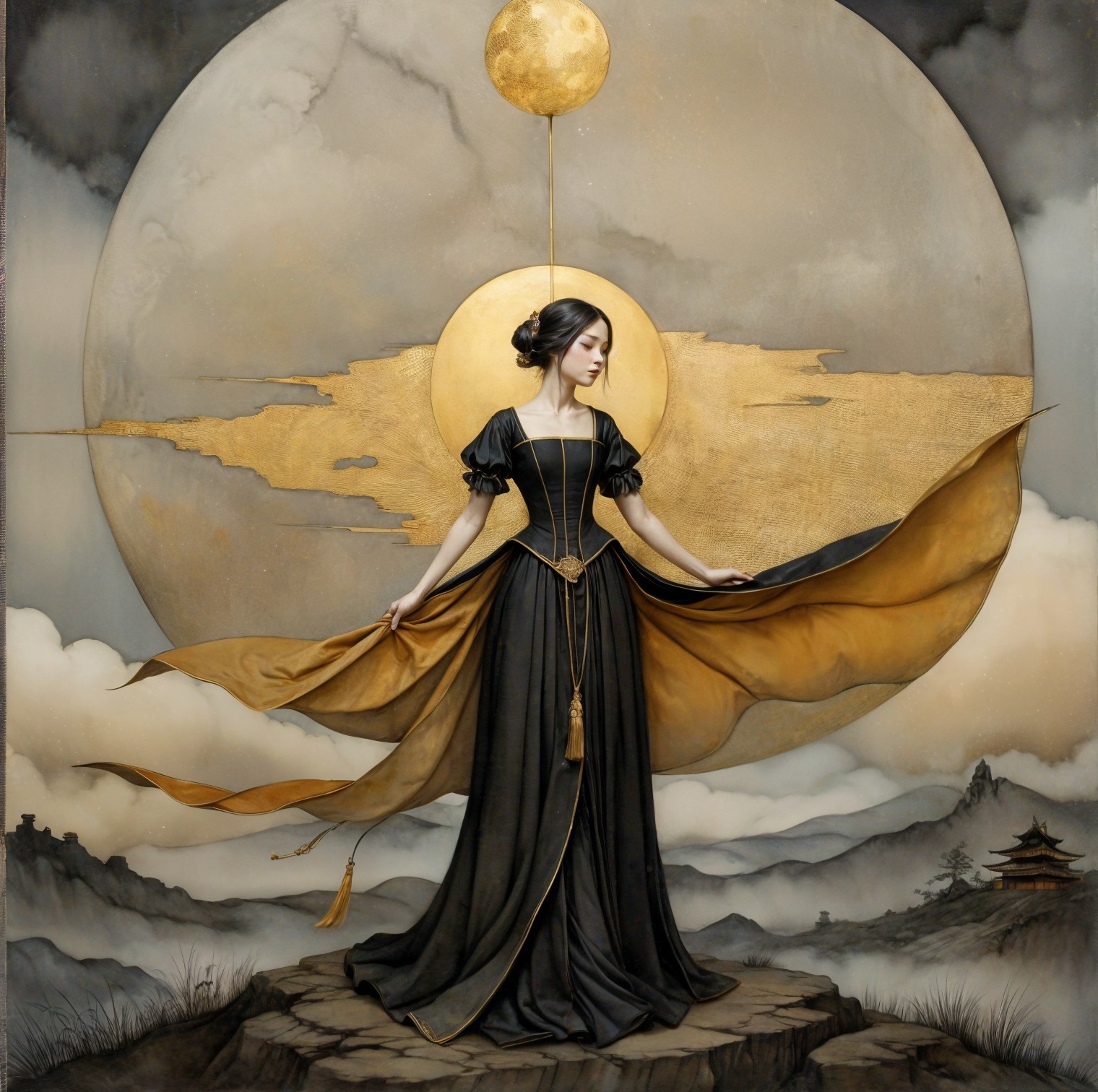 Serene Figure in Black Gown Against Golden Moon