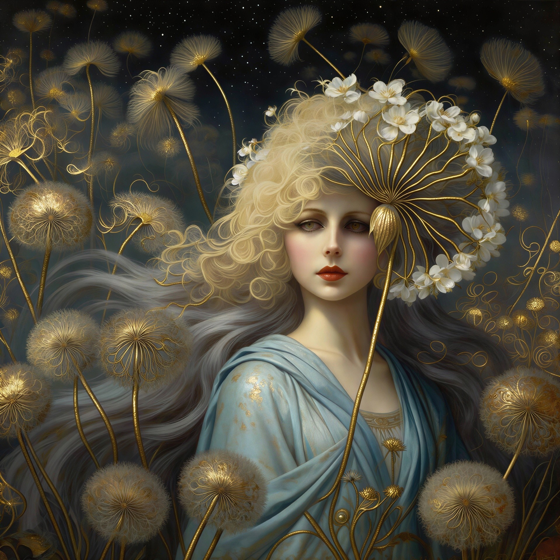 Digital painting of a woman with whimsical dandelion hat