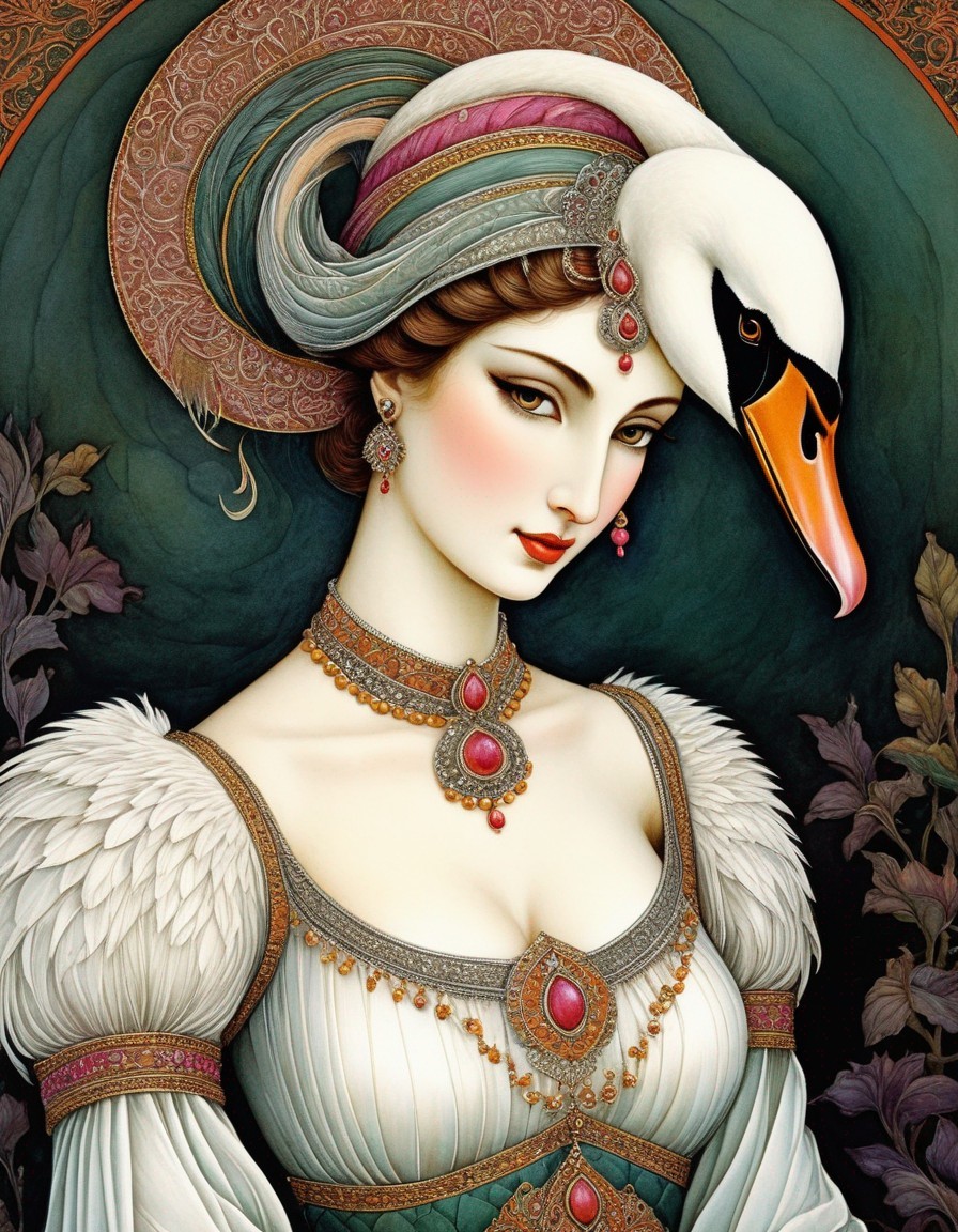 Illustration of a Woman with Swan Features and Jewelry