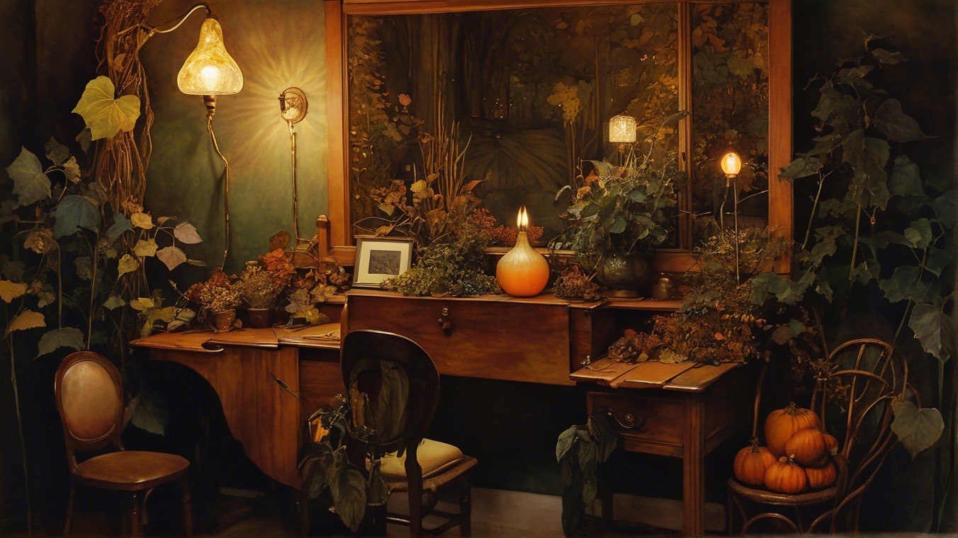 Cozy Autumn Room with Wooden Desk and Greenery