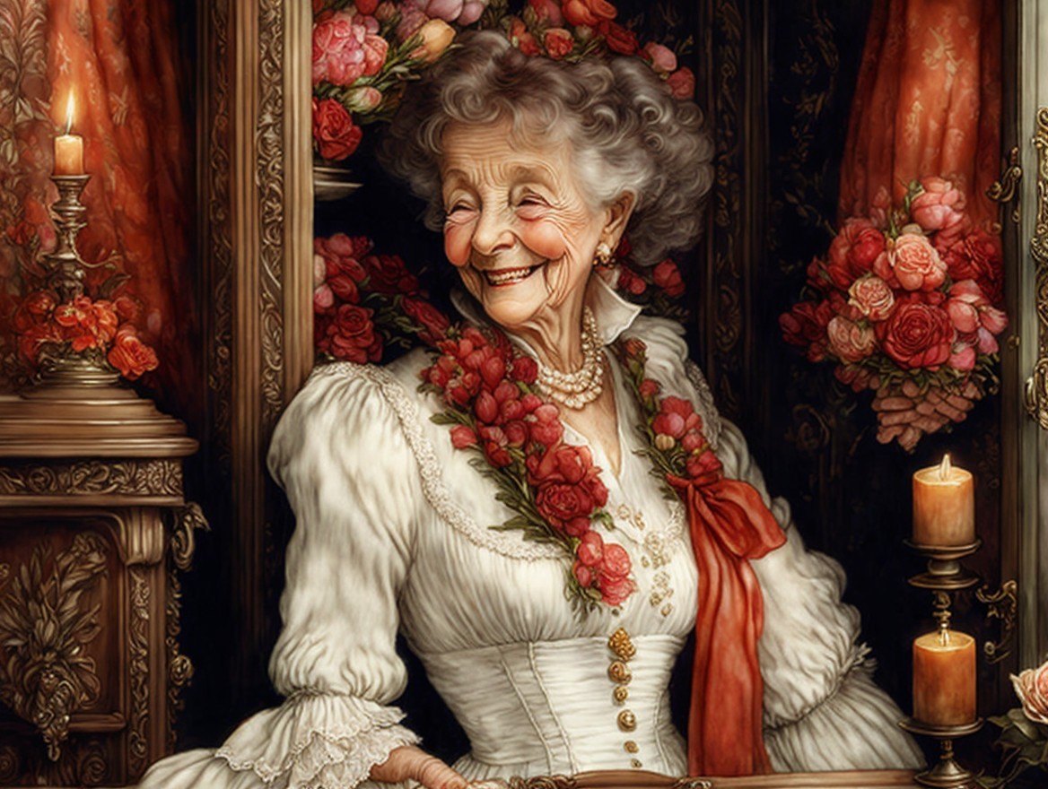 Elderly Woman in Floral Wreath and Vintage Setting