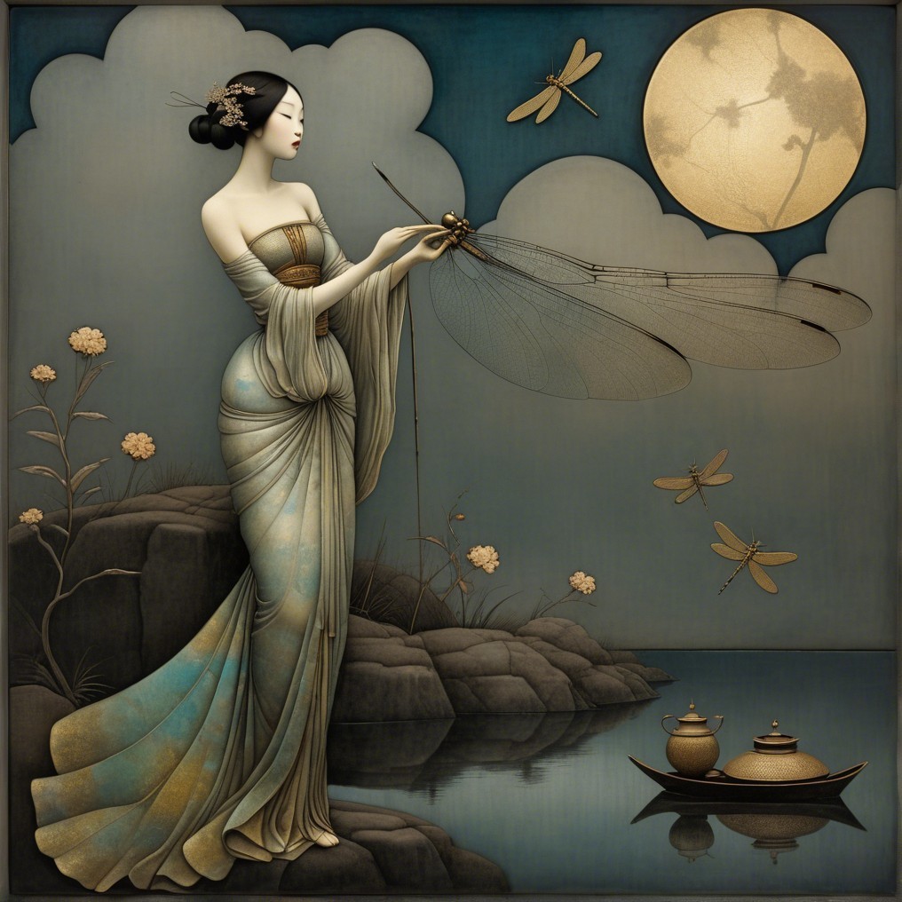 Graceful Woman by Tranquil Lake Under Full Moon