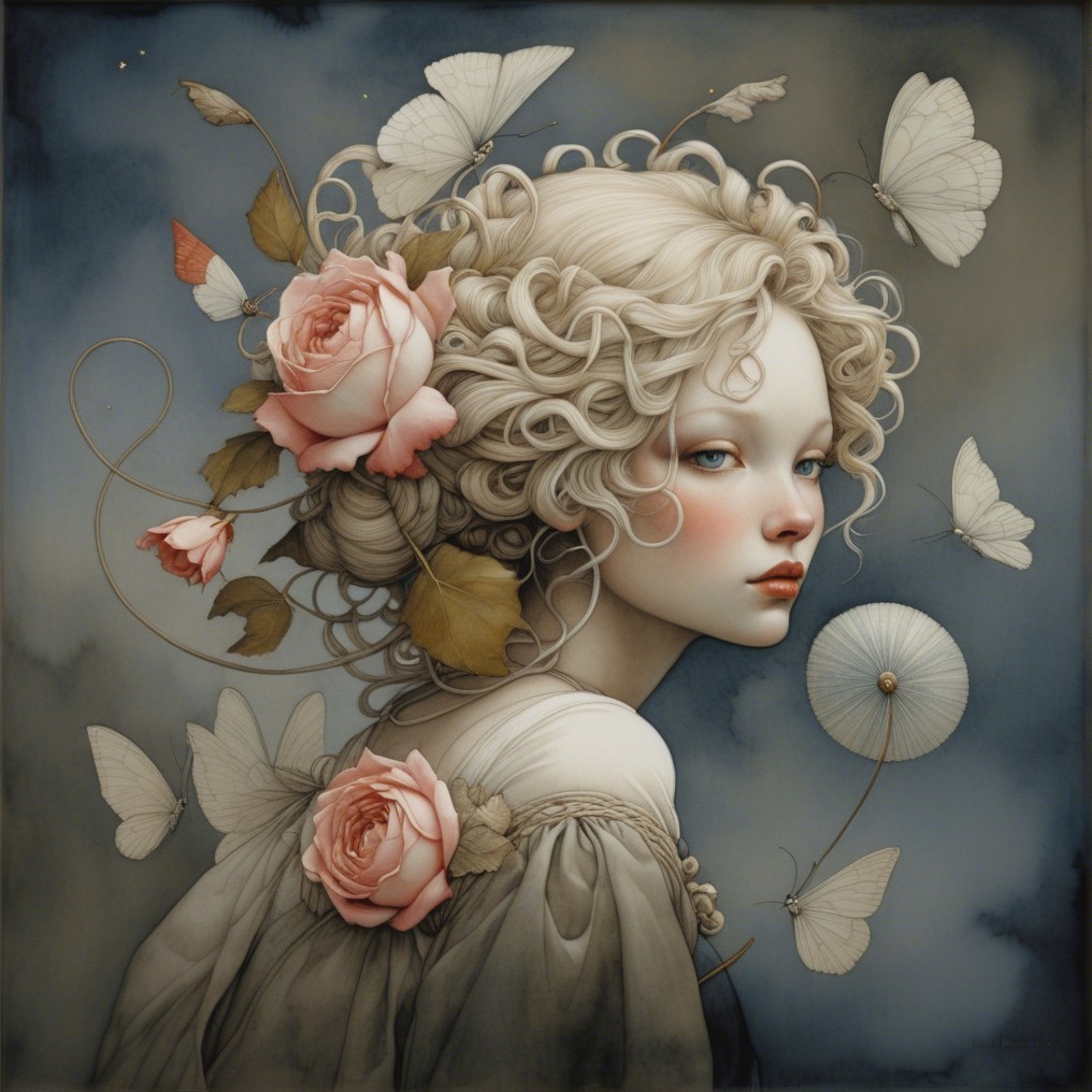 Young woman with curly blonde hair and pink roses