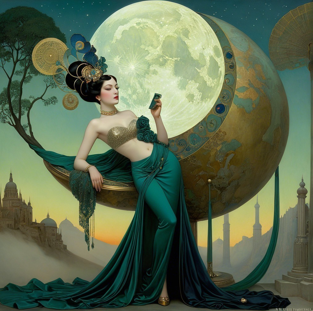 Glamorous Figure in Teal Gown Against Celestial Sphere