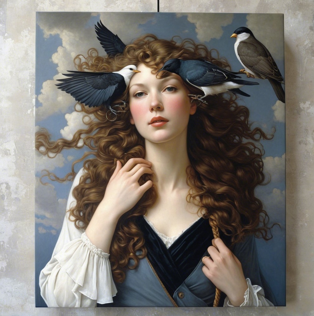 Young Woman with Curly Hair and Birds in Sky Painting