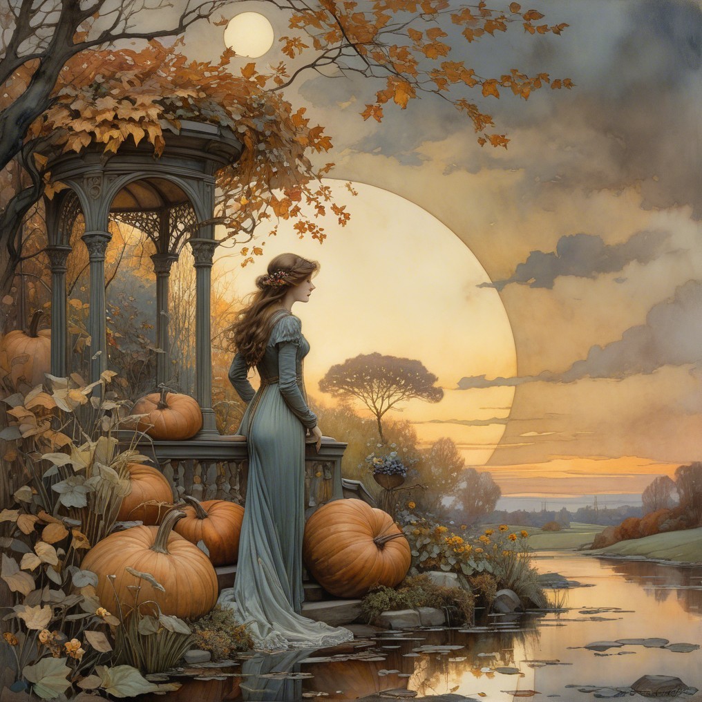 Autumn Scene with Gazebo and Woman in Gray Dress