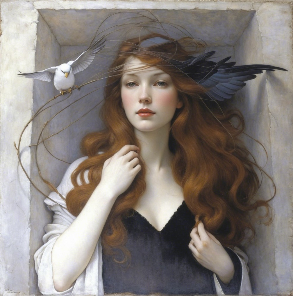 Serene Woman with Red Hair and Birds in Artwork