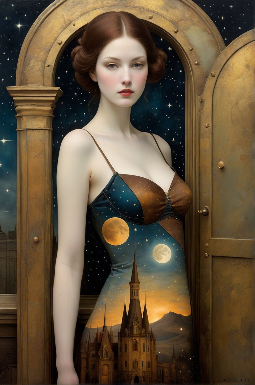 Young woman in dress with moons by ornate door