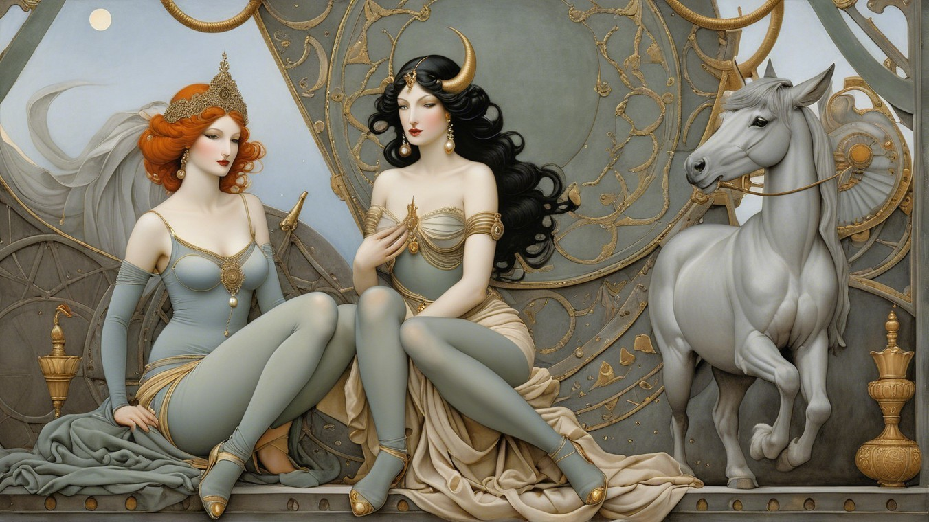 Elegant Women in Flowing Garments with Gray Horse