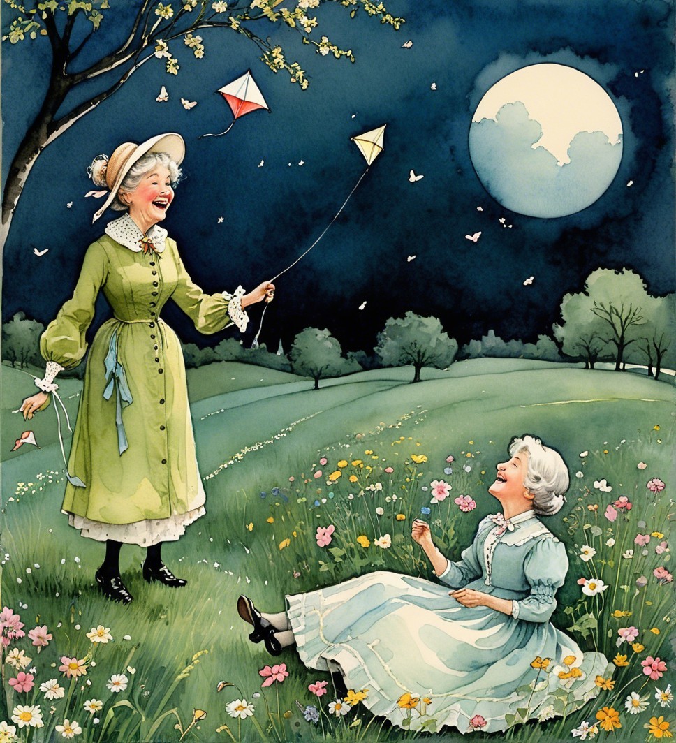 Elderly Women in a Flower Meadow at Twilight