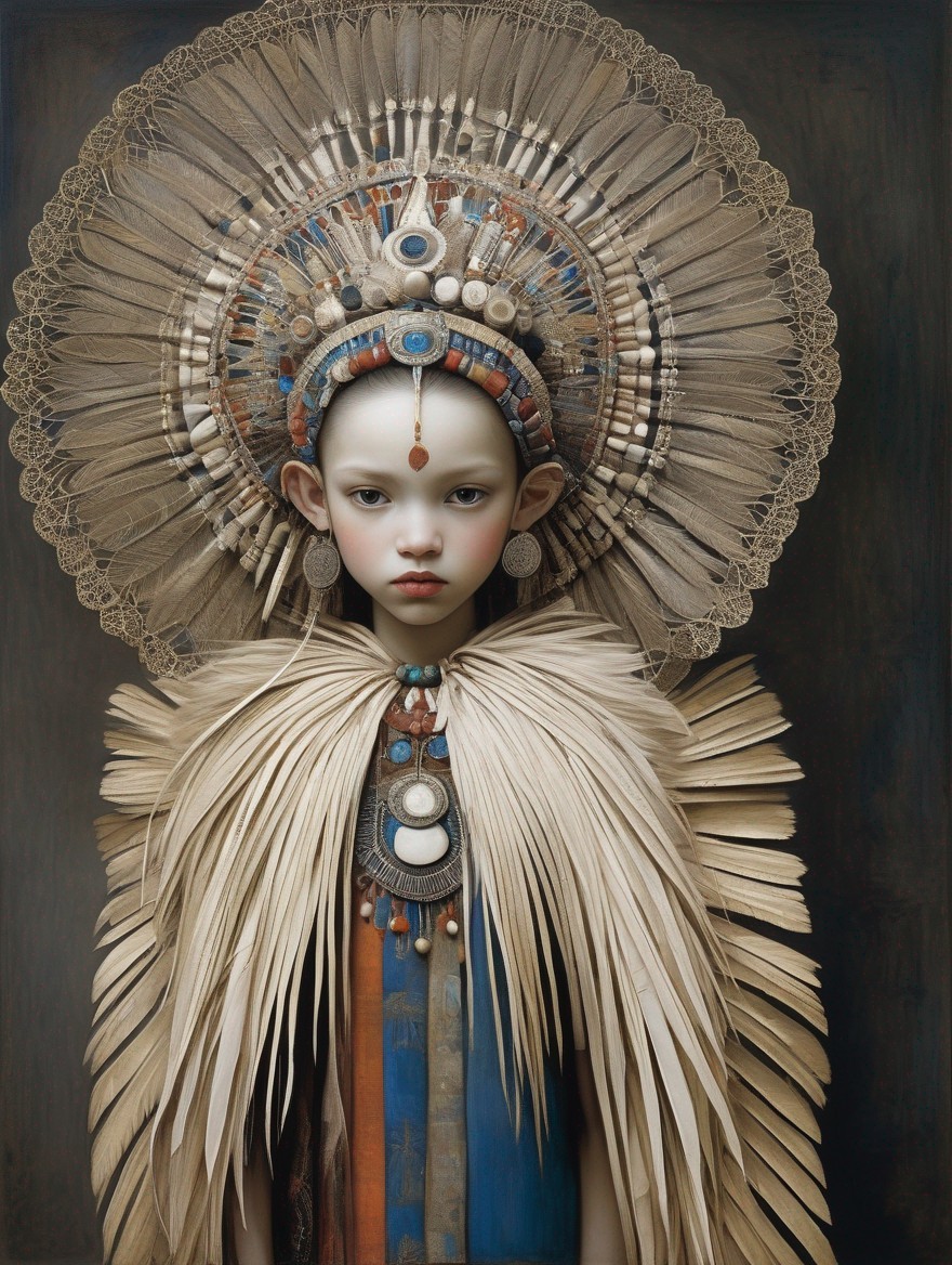 Intricate doll with feathered headdress and serene expression