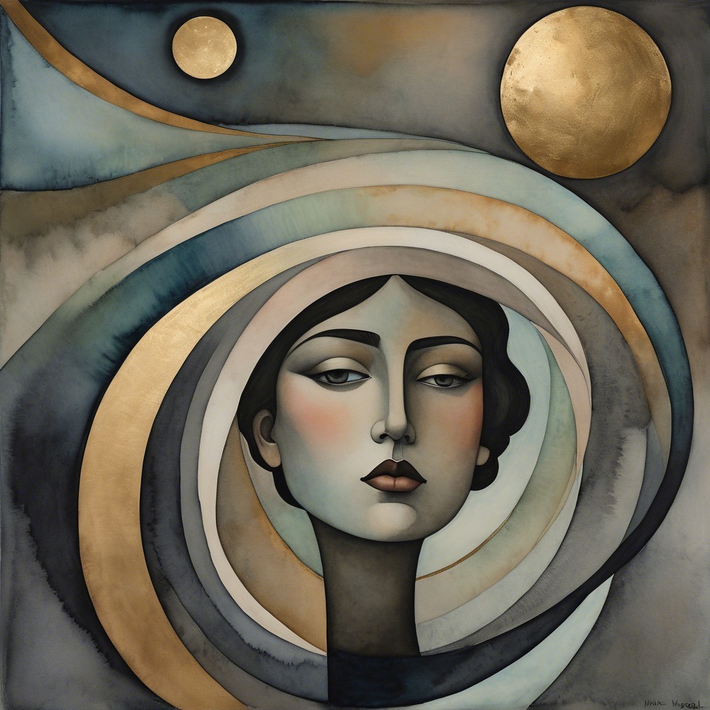 Stylized portrait of a serene woman with abstract shapes