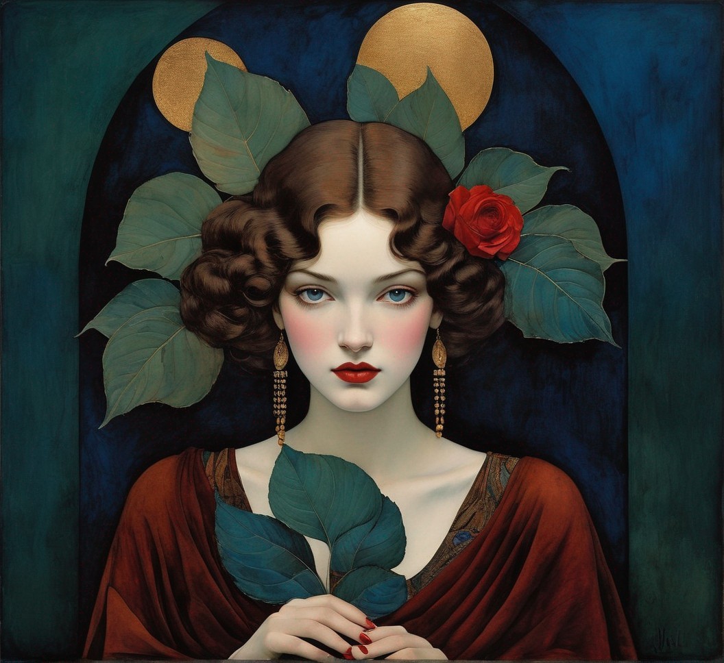Portrait of a woman with rose, moon, and leaves