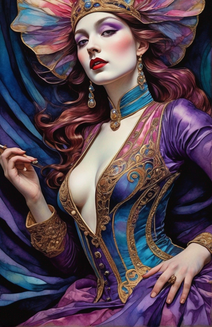 Stylized portrait of a woman with auburn hair and purple attire