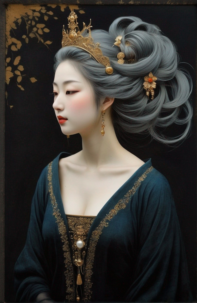 Elegant Portrait of Woman with Gray Hair and Crown