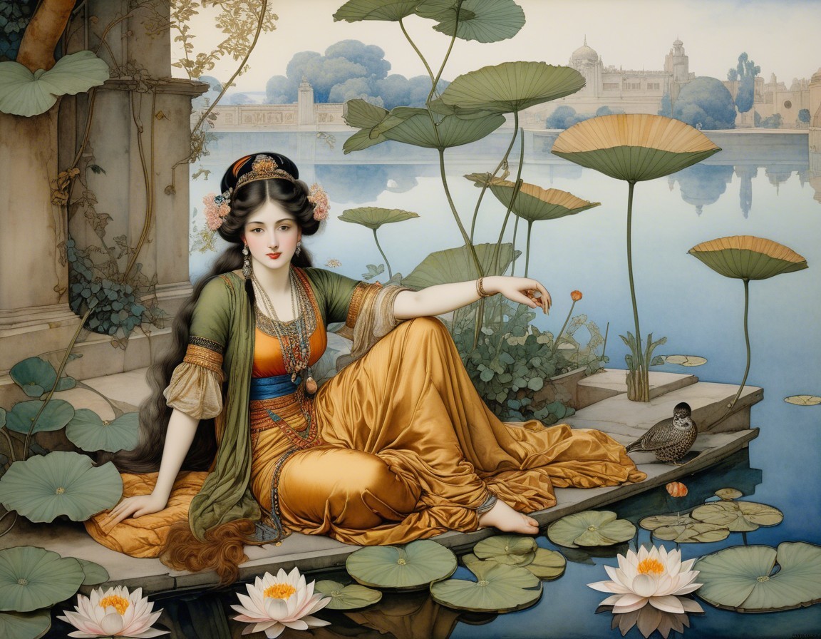 Serene Woman by Tranquil Pond with Lotus Leaves