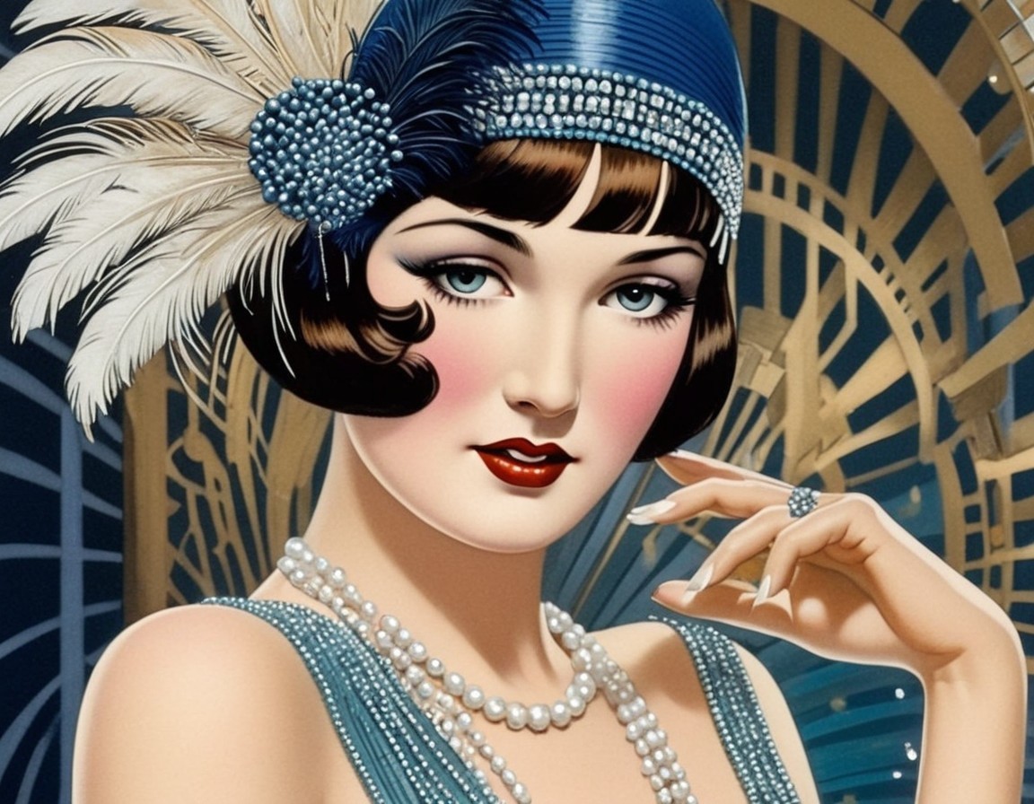 1920s Flapper Girl Illustration with Art Deco Background