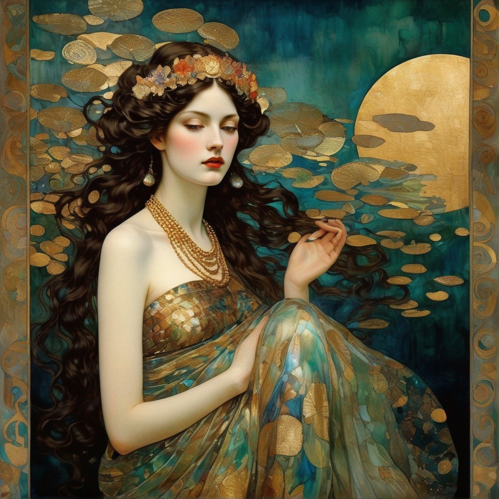 Ethereal woman with dark hair in golden gown under moonlit sky