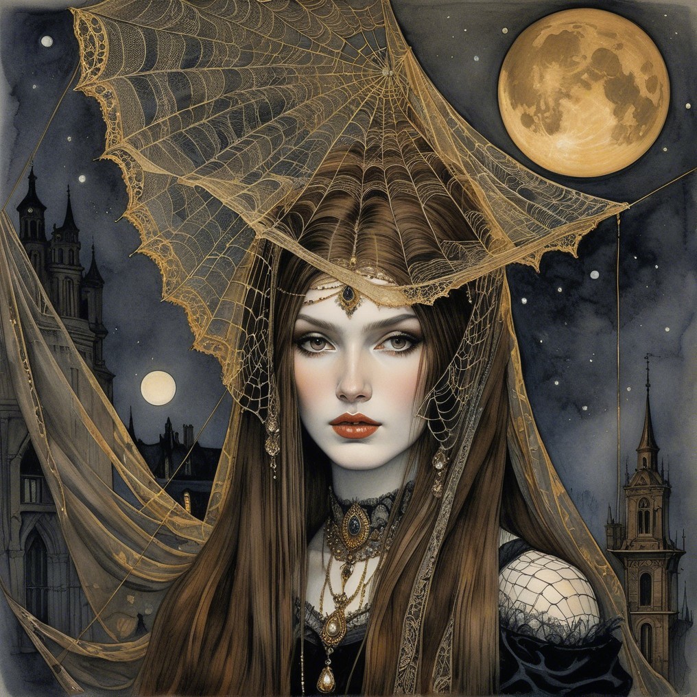 Ethereal Woman in Dark Attire with Moonlit Background