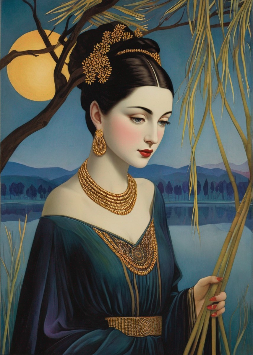 Serene Woman by Calm Lake Under Full Moon