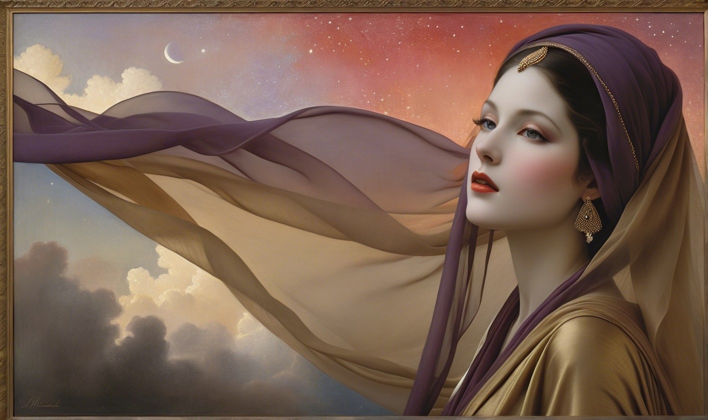 Oil Painting of Woman in Golden Dress with Celestial Sky