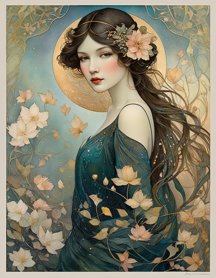 Illustrated woman with flowing hair in blue dress among flowers and crescent moon.