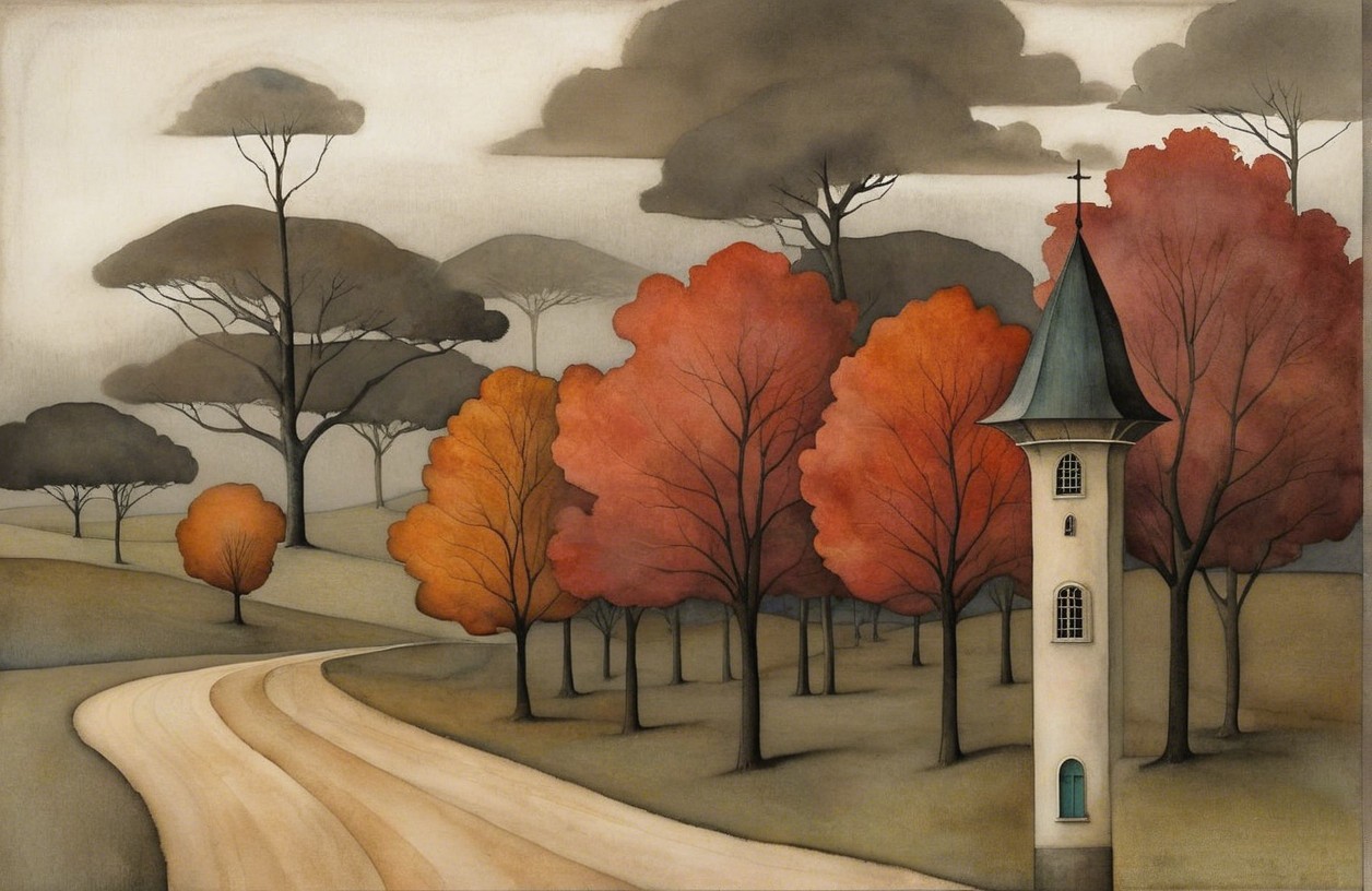 Serene Landscape with Winding Road and Tower