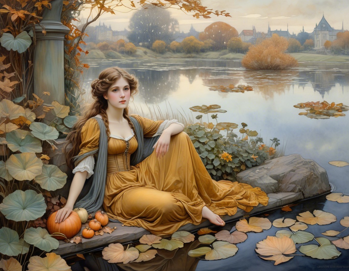 Serene lake scene with a woman in golden dress