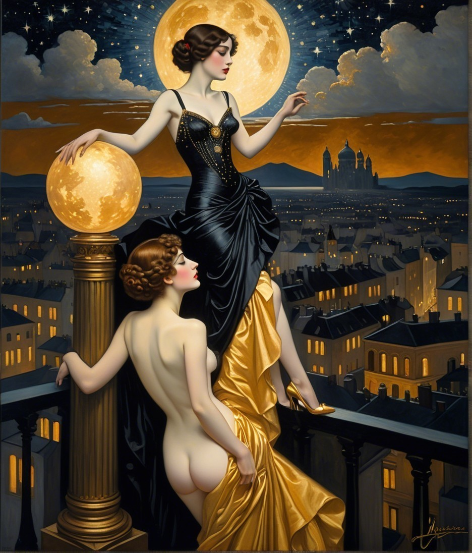 Elegant Women on Balcony Overlooking Moonlit City