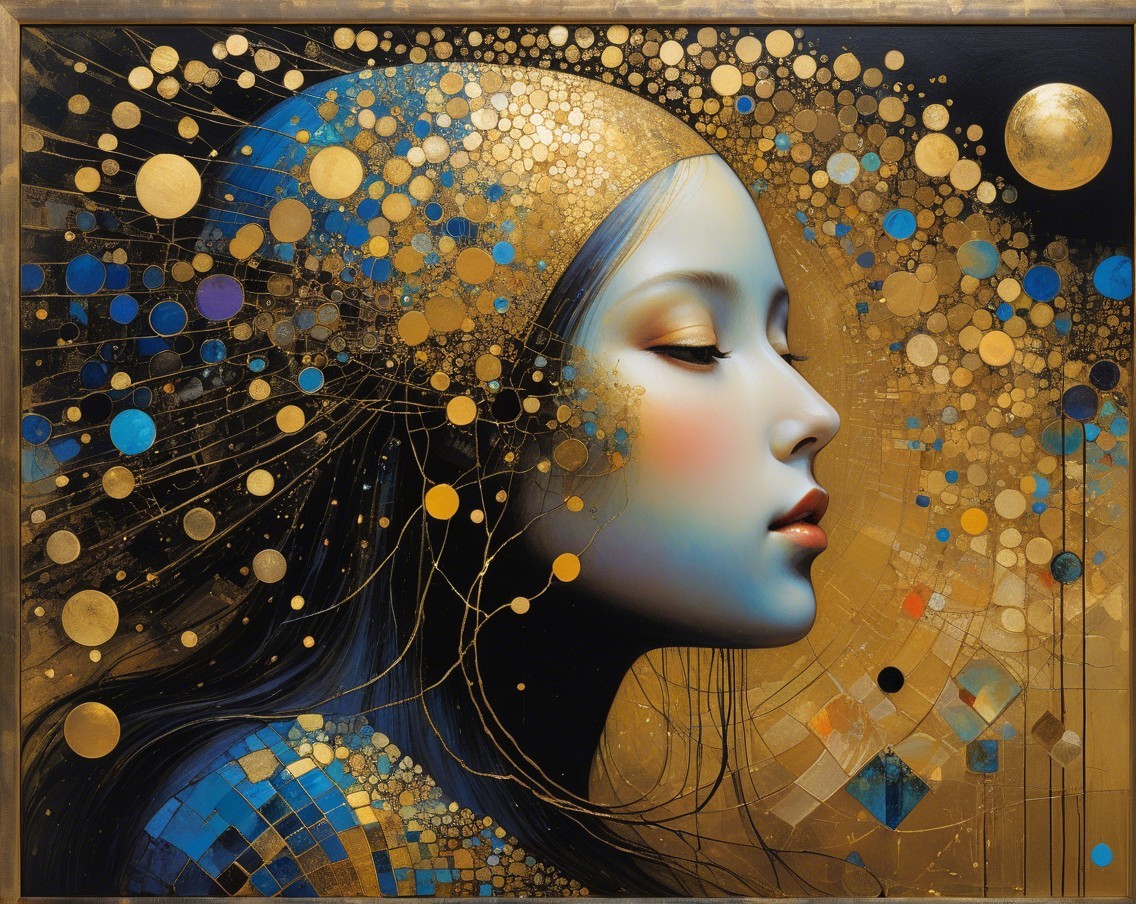 Serene Female Profile on Gold Background with Patterns