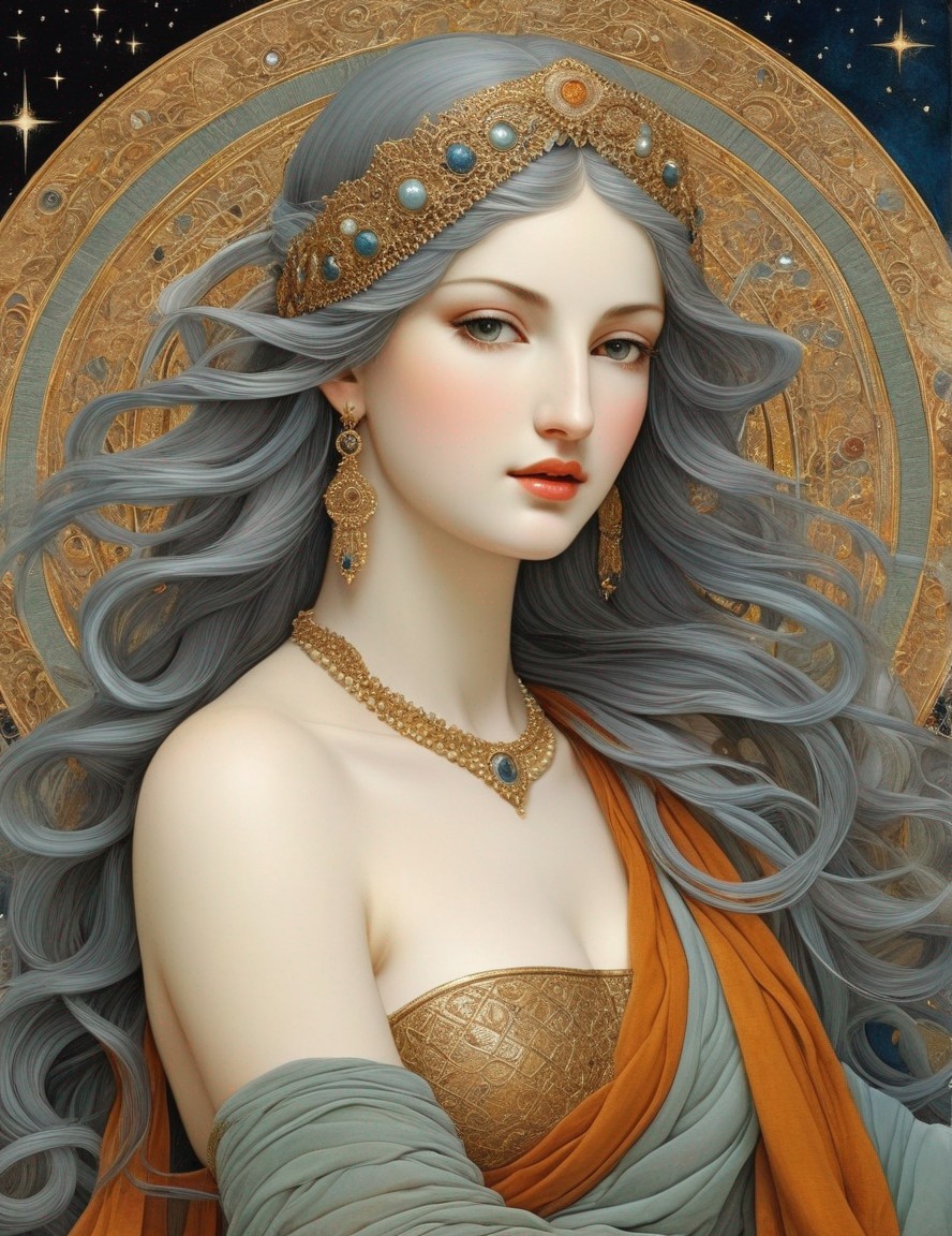 Elegant Woman with Silver Hair in Starry Background