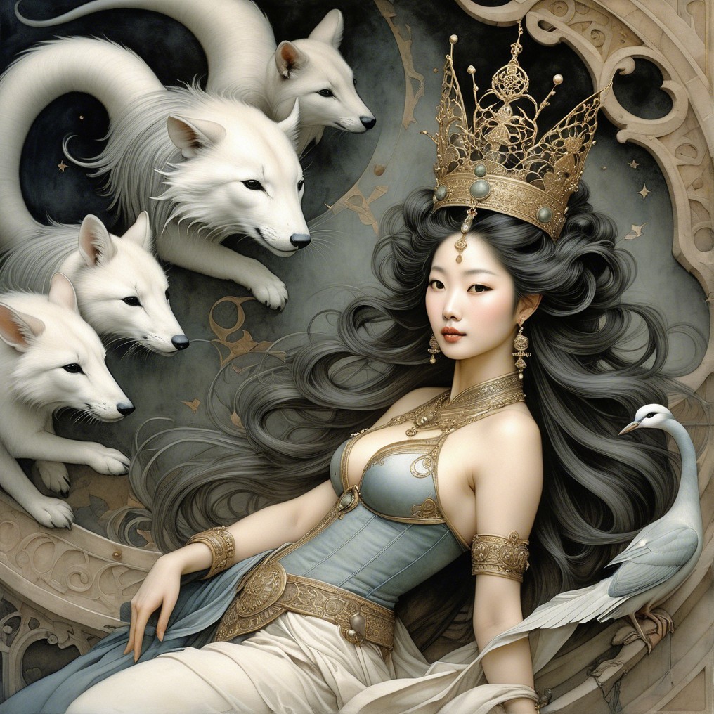 Serene Woman in Elegant Attire Surrounded by Foxes