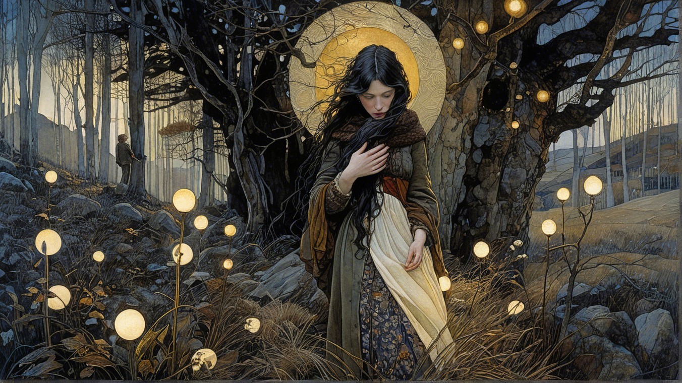 Young woman in mystical forest with glowing orbs
