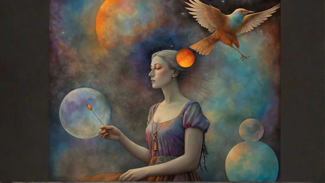 Serene Woman with Flame in Cosmic Landscape
