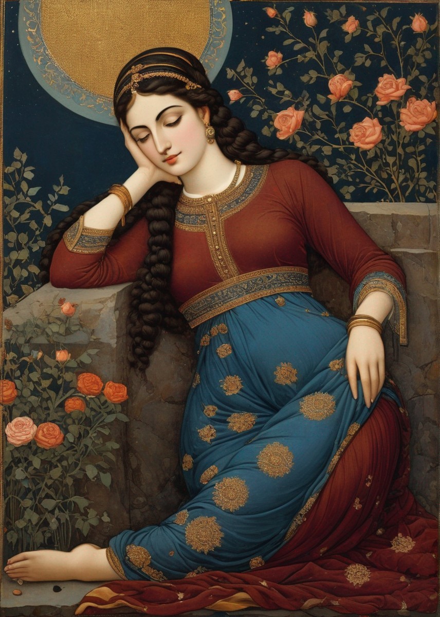 Serene Woman in Embroidered Dress Against Stone Wall