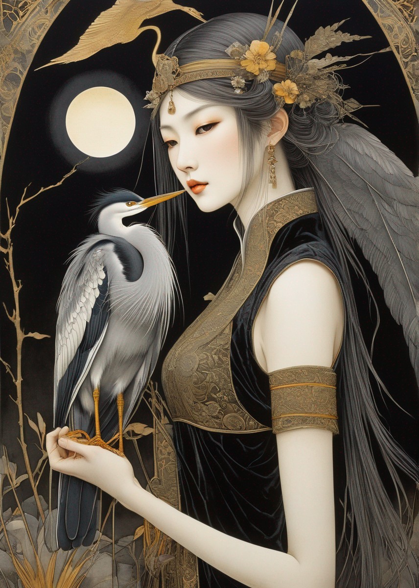 Ethereal Woman with Winged Details and Heron Under Moon