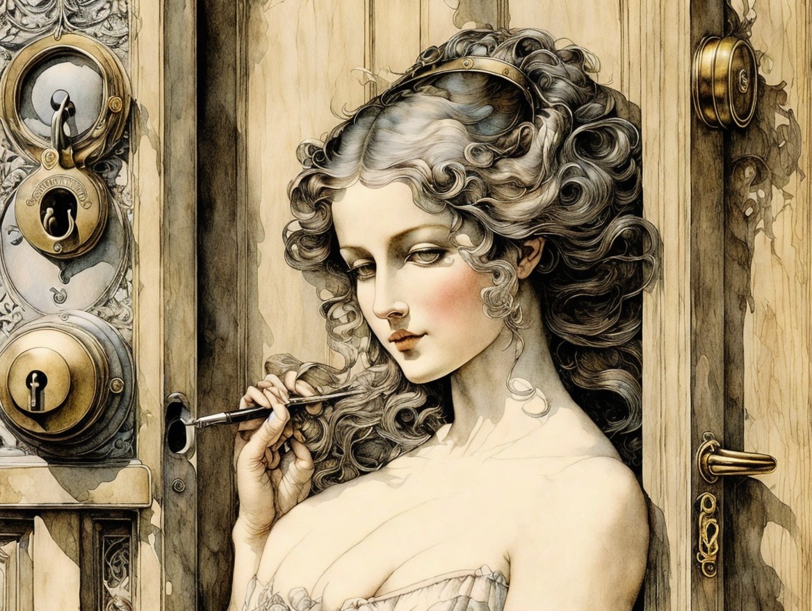 Ethereal Woman at Ornate Door with Intricate Details
