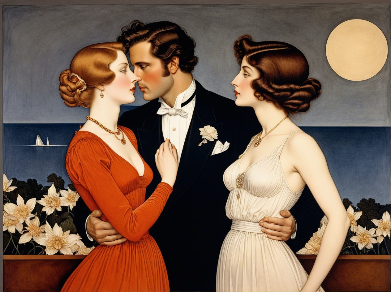 Art Deco Painting of a Man with Two Women Embraced