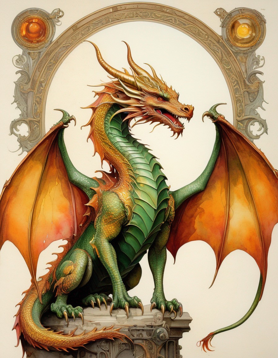 Detailed Drawing of Majestic Green Dragon with Golden Eyes and Red-Orange Wings